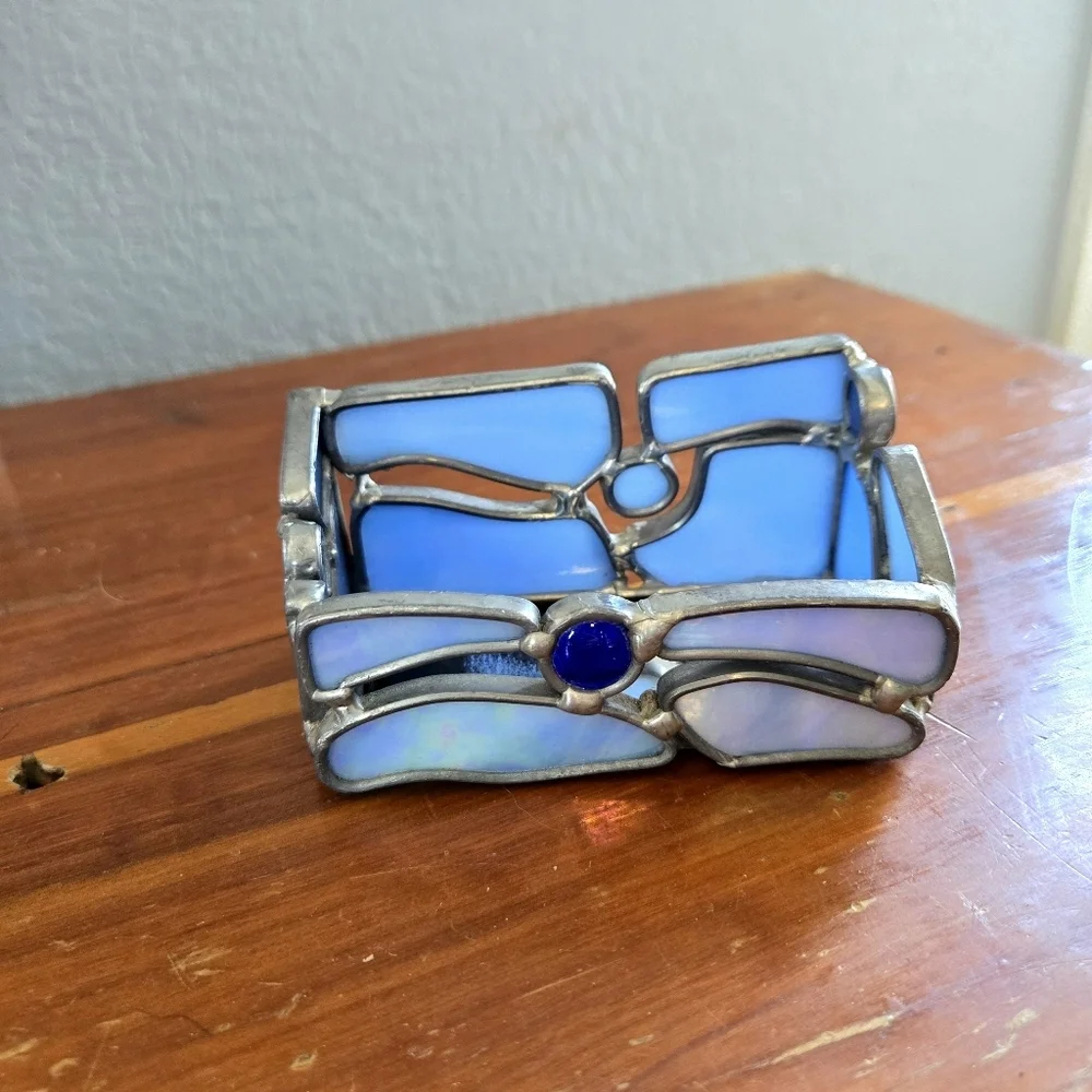 Stained Glass Metal Blue Handmade Business Card Holder Vintage - Picture 2 of 5